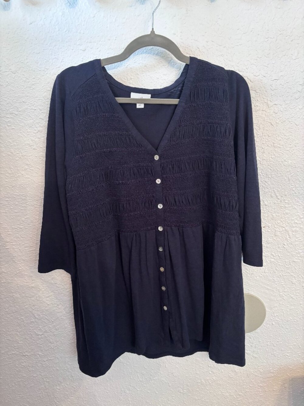 J.Jill Navy Smocked Button Front Blouse L Petite Office Boho Oversized Comfort